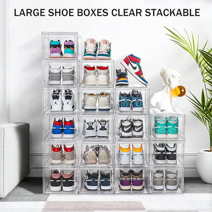 6 Pack Shoe Boxes Clear Stackable, Large Shoe Storage Boxes, Space Saving Acrylic Shoe Boxes, Foldable Shoe Container Boxes that Fits Up to Size 14 Shoes (10 Pack Transparent)