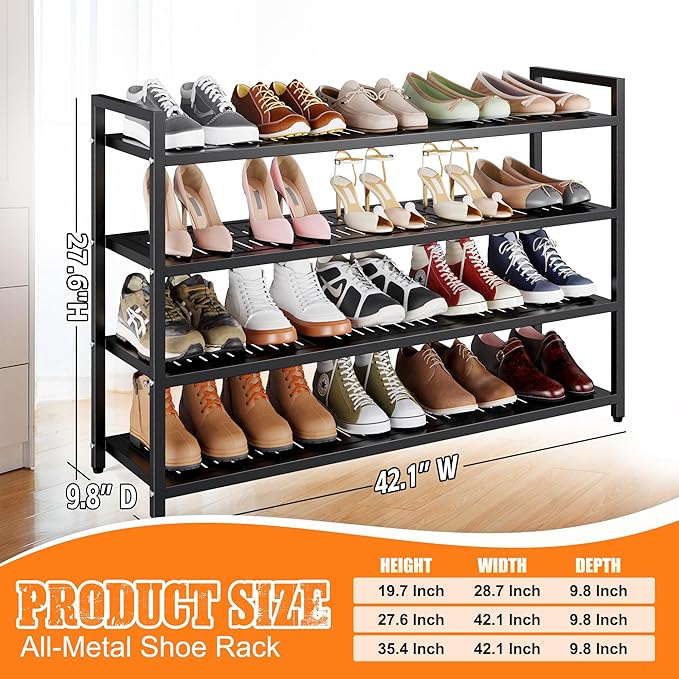 4-Tier Heavy Duty Metal Shoe Rack, 200 lbs Load Capacity Shoe Organizer with Reinforced Steel Tubes, No-Wobble Free Standing Shoe Shelf for Entryway, Closet, Bedroom, Dorm – Easy Assembly, Black