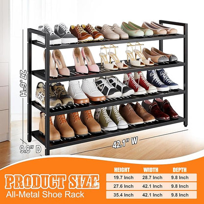 4-Tier Heavy Duty Metal Shoe Rack, 200 lbs Load Capacity Shoe Organizer with Reinforced Steel Tubes, No-Wobble Free Standing Shoe Shelf for Entryway, Closet, Bedroom, Dorm – Easy Assembly, Black