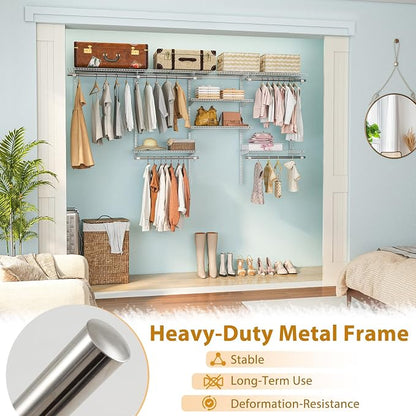 Tangkula 4 to 8 FT Custom Closet System, Wall Mounted Closet with Hanging Rod, Metal Hanging Storage Organizer Rack Wardrobe with Shelves, Adjustable Closet System Kit for Bedroom (White)