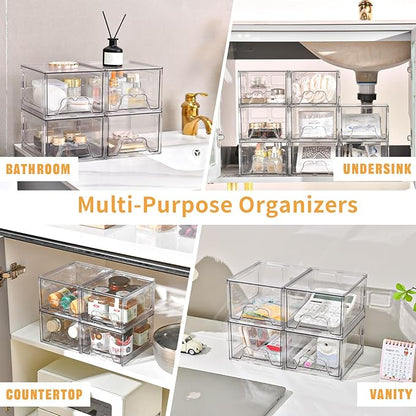 Stebopum 8 Pack Stackable Makeup Organizer, 4.4'' Tall Acrylic Bathroom Makeup Organizer and Storage Drawer with Pull-out Handle, Clear Plastic Storage Bins for Vanity,Pantry,Desk,Undersink,Kitchen