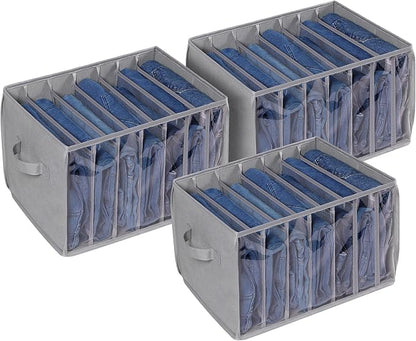 Zilink Upgraded Wardrobe Clothes Organizer with Support Board Clear Pants Organizer Bins for Closet with 7 Grids Divider Sweater Organizer for Closet for Jean Pant Sweater Legging T-Shirt, 3 Pack