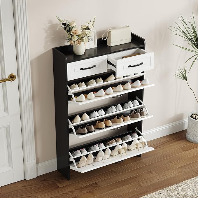 Shoe Cabinet with 3 Large Flip Drawers & 2 Storage Drawers, Narrow Shoe Organizer Cabinet Fits for Kinds of Shoes, Slim Shoe Storage Cabinet for Entryway, Hallway, Bedroom, Black and White