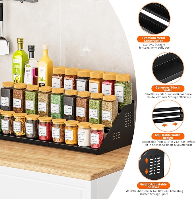 RCHYFEED Spice Rack Organizer for Cabinet, 3 Tier Spice Rack Expandable(13.4"-21.8"), Height Adjustable Spice Organization Shelf Metal Display Shelf, Spice Organization for Cabinet Countertop Pantry