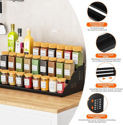 RCHYFEED Spice Rack Organizer for Cabinet, 3 Tier Spice Rack Expandable(13.4"-21.8"), Height Adjustable Spice Organization Shelf Metal Display Shelf, Spice Organization for Cabinet Countertop Pantry