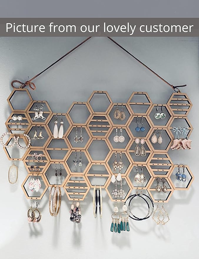 Heesch Hanging Earring Holder Honeycomb Earring Organizer Wall Mount Earring Display Wood Hanging Jewelry Organizer for Stud Earrings, Necklaces (Beech Wood Color)