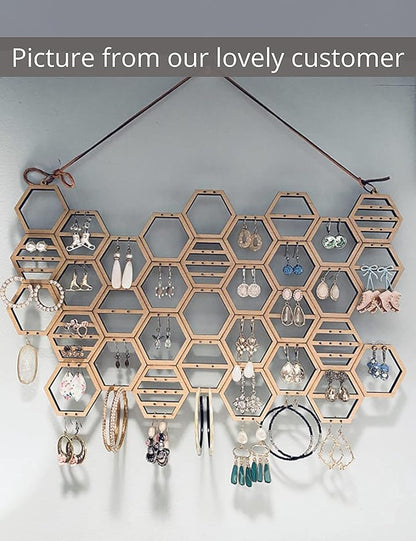 Heesch Hanging Earring Holder Honeycomb Earring Organizer Wall Mount Earring Display Wood Hanging Jewelry Organizer for Stud Earrings, Necklaces (Beech Wood Color)