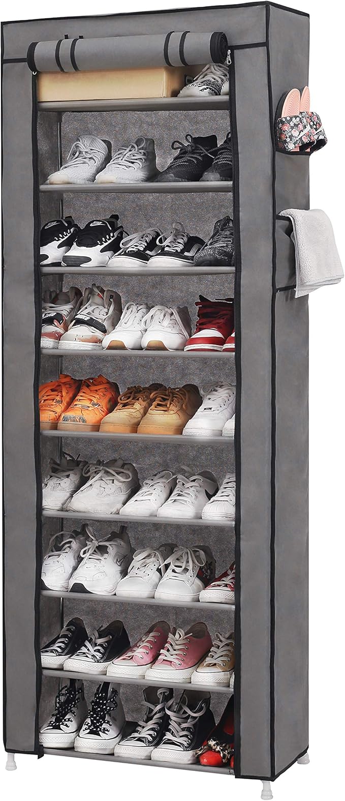 PENGKE 9-Shelf Shoe Organizer with Dust Cover - Closet shelf for up to 27 pairs of shoes - Designed for doorways, hallways, balconies, living rooms - Gray