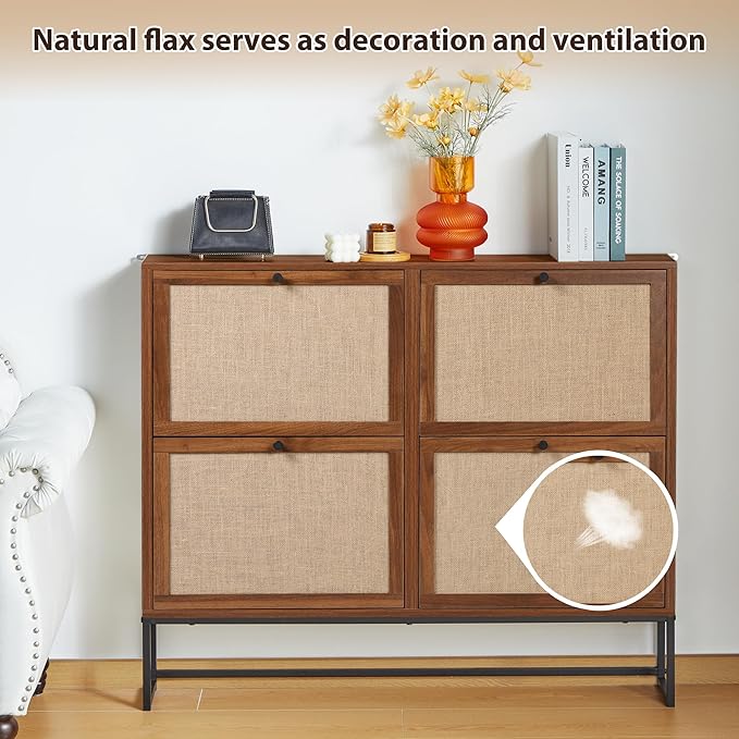 AVZEAR Narrow Shoe Storage Cabinet for Entryway with Natural Linen Panel, Freestanding Slim Shoe Cabinet with 4 Flip Drawers, Wood Shoe Organizer Closed Shoe Rack for Hallway, Living Room(Walnut)