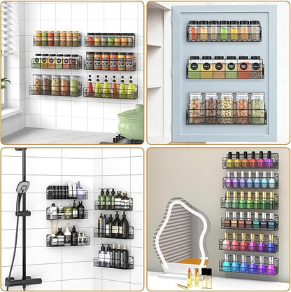 Wall Mounted Spice Rack Organizer, Pantry Door Organizer & Hanging Storage Baskets, Metal Spice Shelf for Kitchen Cabinet, 3 Depth Sizes Hold Large Jars to Nail Polish Bottles, 6 Pack
