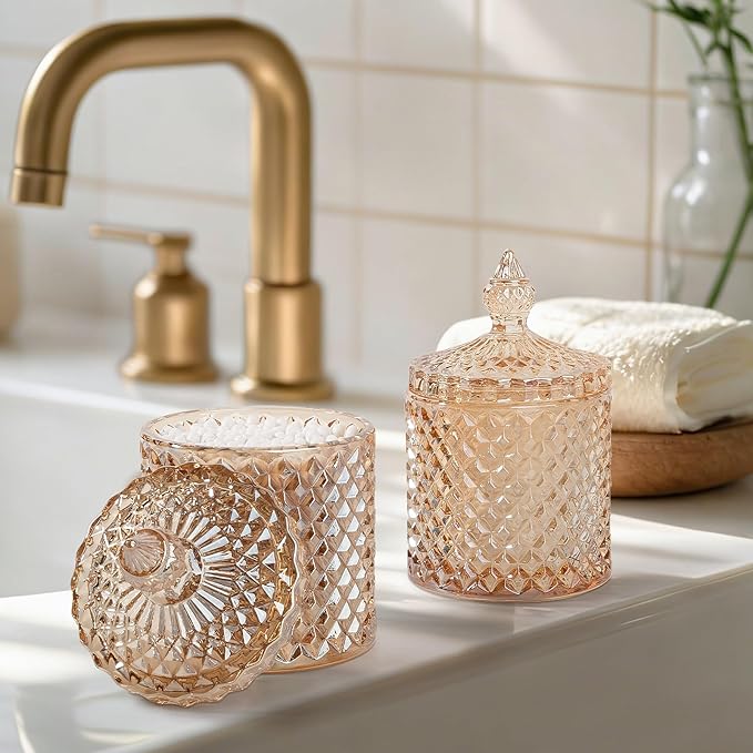 2 Pack Qtip Holder Thick Glass Apothecary Jars with Lid for Bathroom Decor Storage Organizer for Cotton Swabs, Balls, Pads, Floss Picks, Candy, Jewelry, Amber