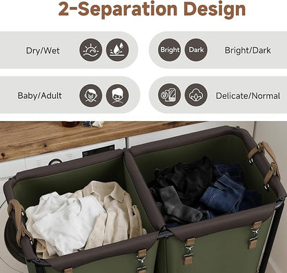 StorageWorks 330L Extra Large Laundry Hamper with Wheels, 2 Sections Laundry Basket with Wheels, Clothes Sorter Cart with Divider for Hotel, Home, Green, 1-Pack