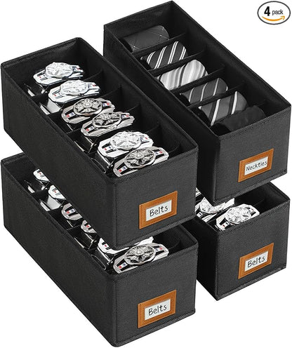 4 PCS Belt Organizer for Closet, 6 Grids Belt Holder, Washable Belt Box, Foldable Tie Organizer for Men, Belt Storage for Drawer (Black, card window)