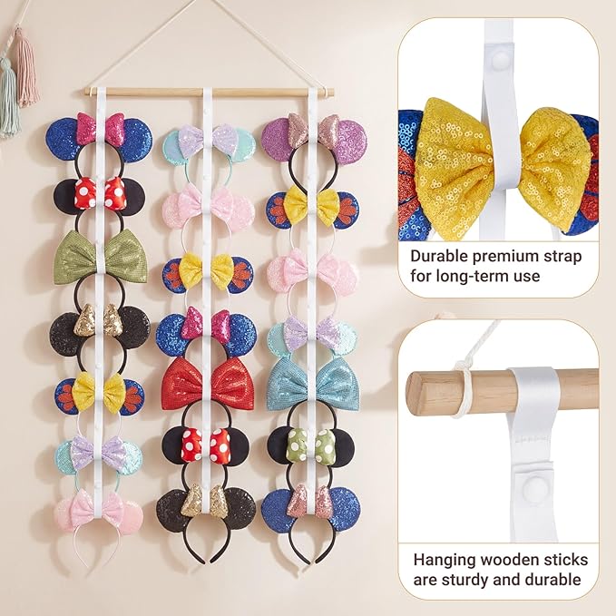 Dahey Mouse Ears Headband Holder Organizer Wooden Hanging Hairband Storage Display Hair Accessories for Girls Bedroom Living Room Wall Decor