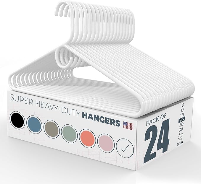 Super Heavy Duty Clothes Hangers 20 Pack (24 Count) – Made in the USA - 10lb Capacity, Thick Plastic Hangers for Pants, Coats, Jackets, Jeans and Adult Clothing – White