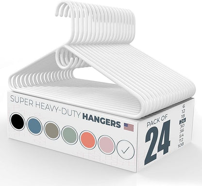 Super Heavy Duty Clothes Hangers 20 Pack (24 Count) – Made in the USA - 10lb Capacity, Thick Plastic Hangers for Pants, Coats, Jackets, Jeans and Adult Clothing – White