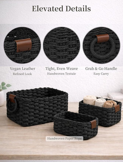 Storage Basket, Recycled Paper Rope Bathroom Basket Organizer, 3Pcs Small Baskets for Organizing, Mini wicker Basket for Decorative Storage Bins, Shelves, Bathroom, Cabinet - Black