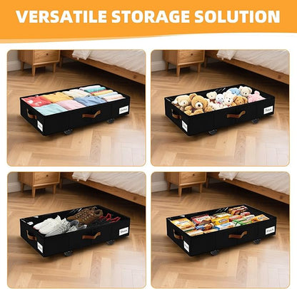 Under Bed Storage with Wheels,Underbed Storage with Sturdy Sidewalls/Bottom, Clear Cover, Label and PU Handle, Rolling Under Bed Drawers for Clothes, Shoes, 6.5 Inch Height,Black, 4 Pack