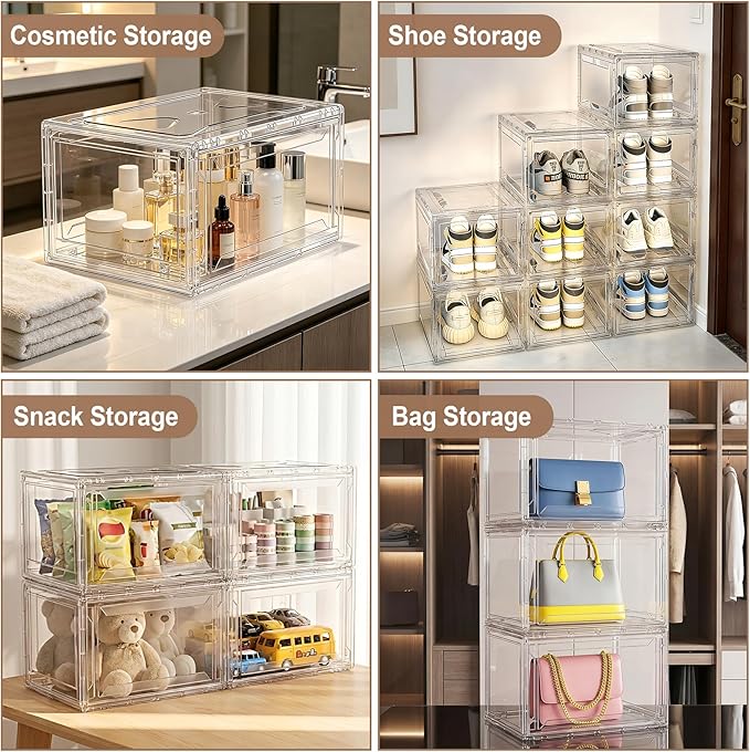 BVBOX 12 Pack Acrylic Shoe Storage Boxes with Magnetic Door - 360° Clear Stackable Shoe Display Box Set, Plastic Shoe Cabinet Rack Box for Sneakers Heels Shoes (12, Clear, L - Front Open)