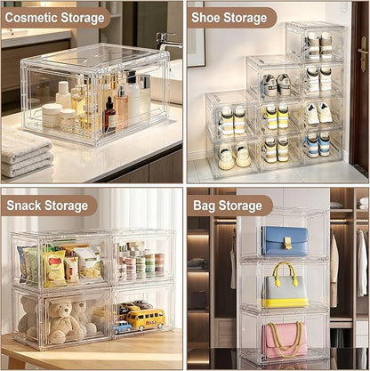 BVBOX 12 Pack Acrylic Shoe Storage Boxes with Magnetic Door - 360° Clear Stackable Shoe Display Box Set, Plastic Shoe Cabinet Rack Box for Sneakers Heels Shoes (12, Clear, L - Front Open)