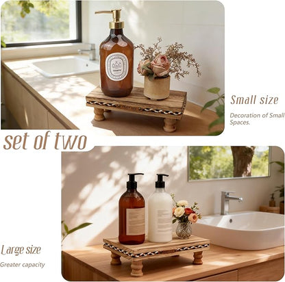 Wood Tray Pedestal Stand, Bathroom Counter Organizer, Modern Farmhouse Riser for Soap/Candle/Sponge Rustic Set （Middle+ Small