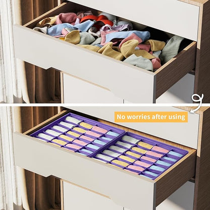 Joyoldelf Sock Drawer Organizer Divider 2 Packs Underwear Organizer, 24 Cell Closet Organizers and Storage Organizer Sock Holders Organizers for Storing Socks, Handkerchiefs, Ties, Belts (Purple)