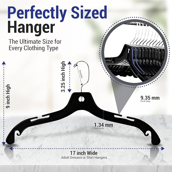 Victory Display Heavy Duty Plastic Black Hangers for Clothes | Slim Hangers with Swivel Hooks & Notched Shoulder for Closet | Durable, & Space-Saving for Clothing Storage Solution | 17inches | 25 Pack