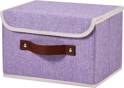 Storage Bins Box with Lids Decorative Cotton Linen Fabric Baskets Cubes with Handles PP Plastic Board Foldable Washable Lidded Clothing Shelf Closet Organizer Container (Purple, Small)