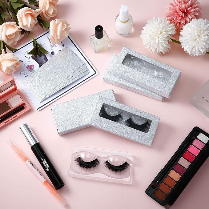 Maitys 50 Sets Empty Lash Case Set, Include Empty Eyelash Box Packaging Storage Box, Eyelash Boxes Tray False Storage, Internal Background Paper(Silver)