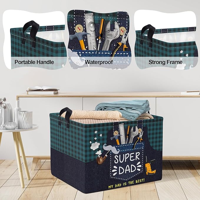 Clastyle Father‘s Day Gift Basket Empty for Dad Rectangle Plaid Tool Pipe Beard Storage Basket Clothes Book Storage Bin Organizer, Blue Apron, 40*30*30 cm