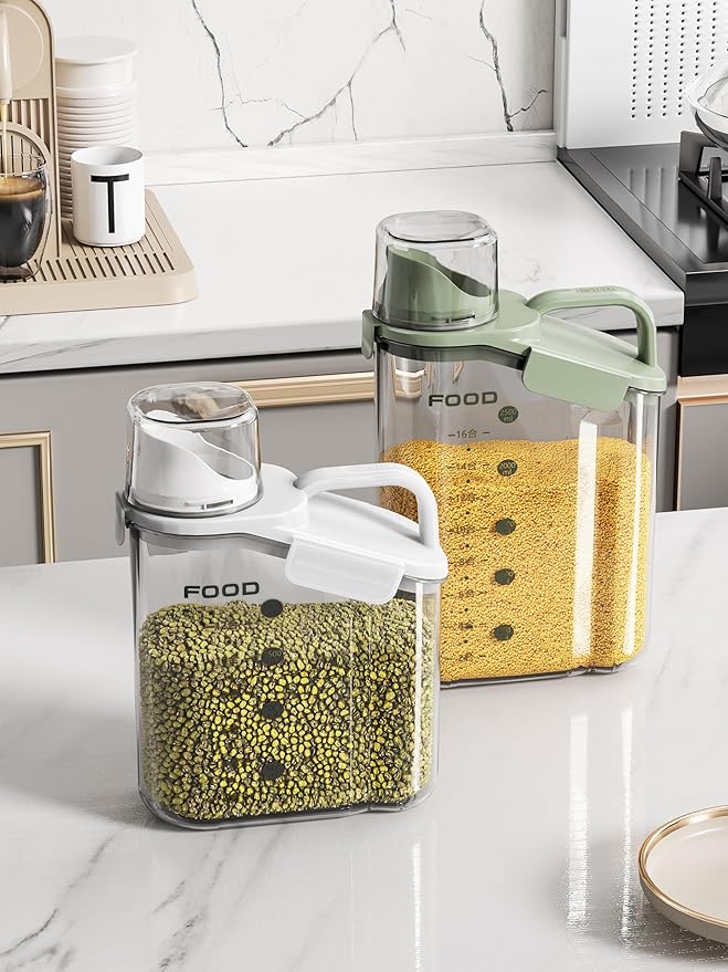Total 2 items Cereal Containers Storage,Each2.5L Airtight Large Dry Food Storage .1 Blue 1 White.with Measuring Cup，BPA Free Plastic Dispenser，Suitable for Storing Grains Flour and Various Foods.