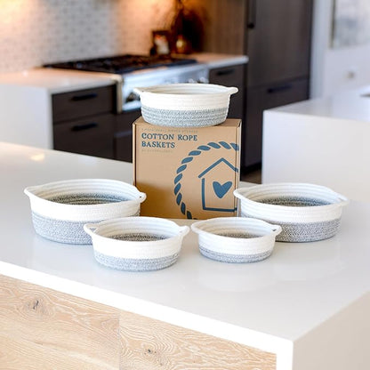 NaturalCozy 5-Piece Round Small Woven Baskets Set– Cotton Rope Baskets for Organizing! Montessori Toys, Fruits Remotes Key Tray Bowl for Entryway Desk, Shallow Catchall Home Décor, Cat Dog Bin Gift
