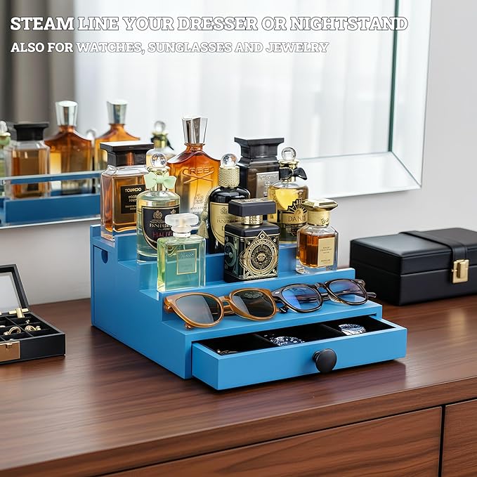 Wooden Cologne Organizer for Men 4 Tier | Capri Ocean Blue Limited Perfume Holder Shelf for Dresser | High Grade Velvet Lining and Stylish Gift Box | Uncluttered Design Perfume Display Stand