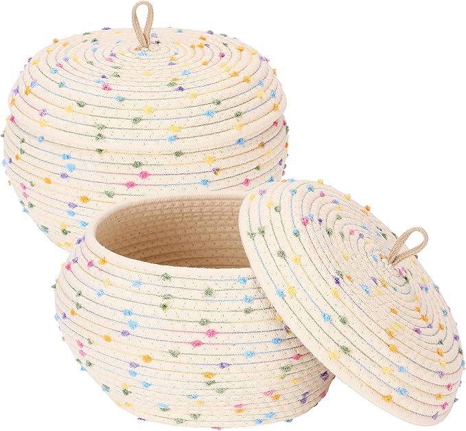 Sea Team Round Cotton Rope Storage Basket with Lid, Decorative Woven Storage Bin, Pot, Caddy, Organizer, Container for Snacks, Towels, Plants (Rainbow, Small/2-Pack)