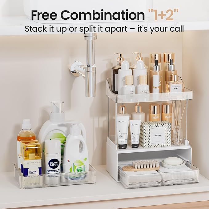 Delamu Bathroom Organizers and Storage, 2 Tier 2 Drawer Makeup Organizer Countertop, Easy to Install, Ideal for Bathroom Counter, Vanity, Ideal for Women Girls, Clear 2Pack