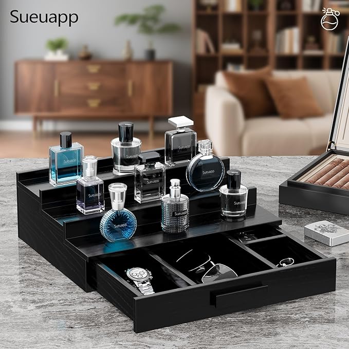 Walnut Wood Cologne Organizer for Men,3 Tier Cologne Stand,Cologne Shelf Display Holder,Perfume Stand Organizer with Hidden Compartment and Drawer,Great Gift for Men,Black