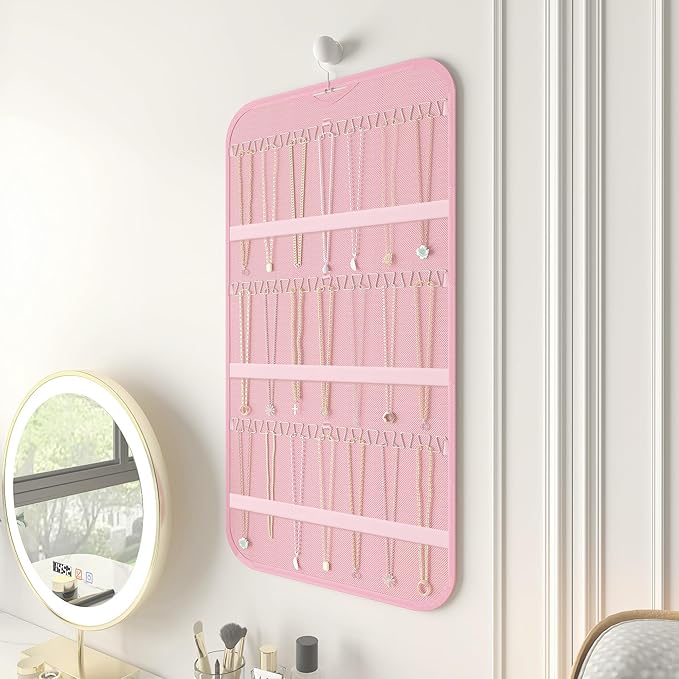 Hanging Jewelry Organizer Storage, 40 Pockets 36 Hooks Necklace Earring Necklace Bracelet Ring Organizer, Double - Sided Design, Pink