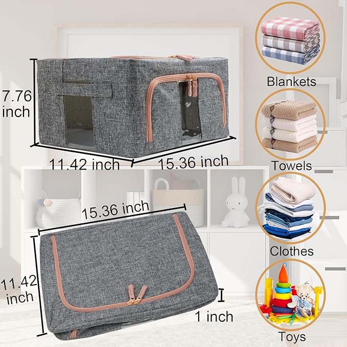 Linen Clothes Storage Bins, 4PCS Sturdy Closet Organizers and Storage Bin with Metal Frame, 2 Opening Ways Fabric Visible Lidded Storage Box for Organizing Clothing,Jeans,Sheets (4PC Gray, 22Liters)