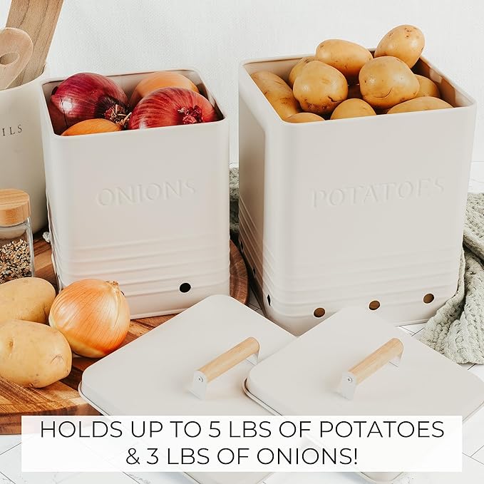ZICOTO Beautiful Potato and Onion Storage Container Set, 10.1" & 8.9" - Perfectly Sized Spacious Canisters For Your Kitchen Counter Or Pantry - Food Safe Metal Bins Keep Produce Fresh Longer