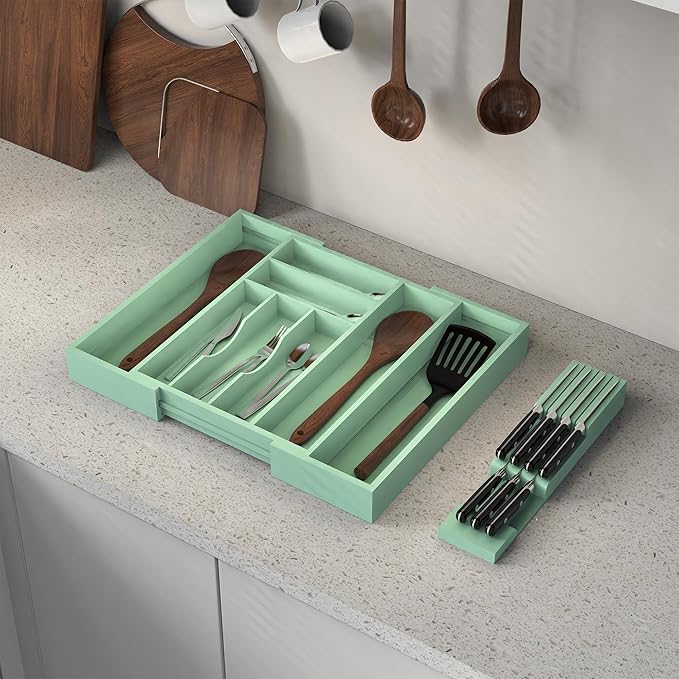Bamboo Kitchen Drawer Organizer, Expandable Silverware Organizer with Removable Knife Block, 6-8 Slots- Utensil Holder & Cutlery Tray Drawer Dividers, 2.36" Deep for Extra Capacity, Cyan