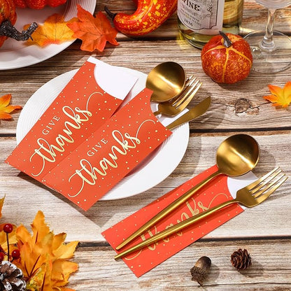 Eaasty 100 Pcs Thanksgiving Utensil Holder, Gold Foil Give Thanks Silverware Bag Disposable Silverware Sleeves Cutlery Holder for Thanksgiving Table Decoration Fall Harvest Party Supplies(Orange)