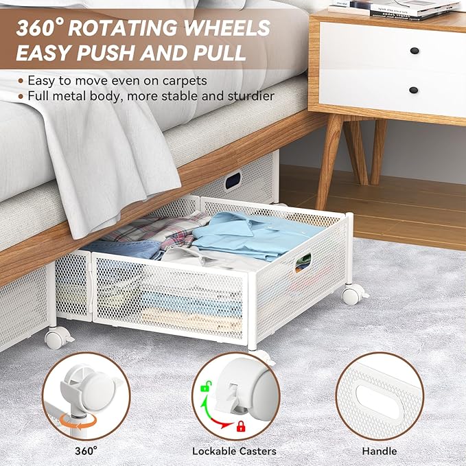 PHINOX Under Bed Storage with wheels, Under the Bed Storage Containers,Upgrade Crossed Iron Wire, Metal Rolling Underbed Storage Containers for Bedroom Clothes Shoes Blankets-2 Pack,White