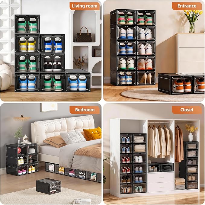 KEFA XL Shoe Storage Box Organizer, 8 Pack Shoe Boxes Clear Plastic Stackable, Sneaker Display Case Container Fit for US 15 (Drop 8 PACK BLACK)