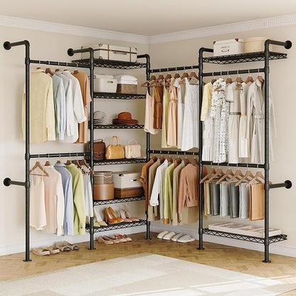 ONBRILL L4 Wall Mounted Industrial Pipe Clothing Rack, Closet Organizer System with 6 Hanging Clothes Rods ( 4 Expandable Rods) & 8 Shelves, Heavy Duty Corner Garment Rack, Large Wardrobe - Black