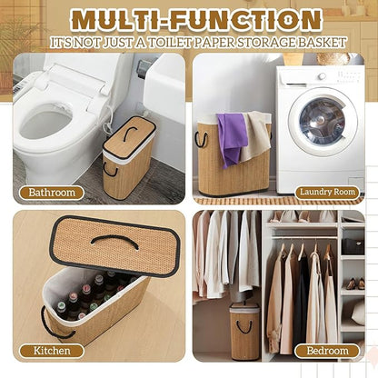 Leinuosen Bamboo Toilet Paper Storage Basket 8 Gallons/30 L Toilet Paper Organizer Holder with Lid Waterproof for Kitchen Bathroom Home(Walnut,Stylish)