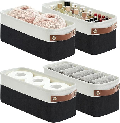 Bagnizer Small Fabric Storage Baskets, 15x6x5 inch Narrow Storage Bins 4-Pack Long Storage Basket for Organizing with Handles, Decorative Basket for Closets, Shelves, Toilet Paper, Black