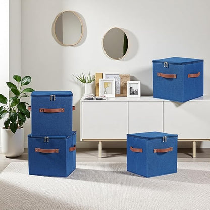 4PCS Storage Cubes with Lid Fabric Storage Bin Box PU Leather Handles Cotton Linen Closet Organizer Container Decorative Foldable Washable Shelf Cloth Basket (Zipper Lid, Deep Blue, 11in)
