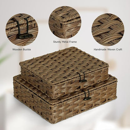 Plastic Wicker Storage Baskets with Lids, 2-Pack Woven Rattan Organizer Bins with Locking Button, Decorative Flat Storage Boxes, 11"x9.25"x2.75" & 13"x11.2"x3.5", Brown