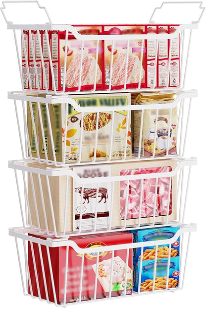 SUNALLY Freezer Organizer Bins, 4 Pack Chest Freezer Organizer Stackable for 5-7 Cu.FT Deep Freezer Sort Frozen Meats and Food, Freezer Storage Baskets with Handles Easy Reach from Bottom, White