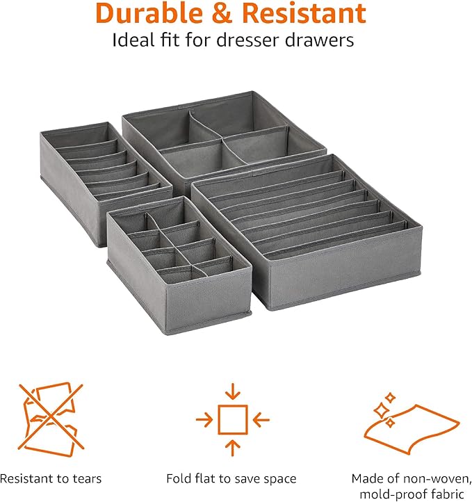 Amazon Basics Dresser Drawer Storage Organizer for Undergarments, Set of 4, Gray | Set of 4